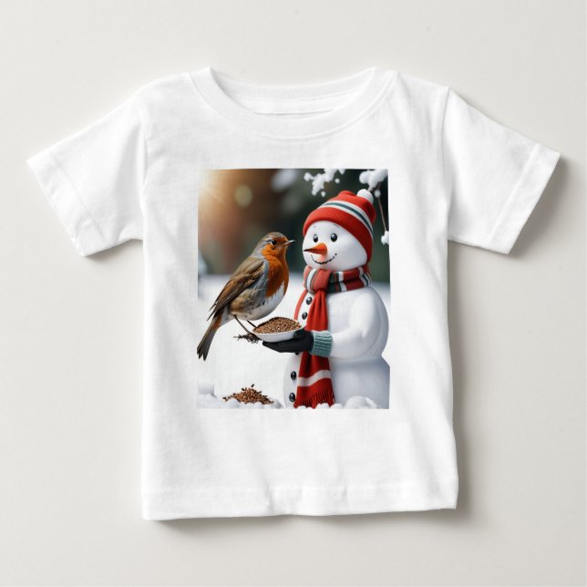 Cute Snowman feeding a Robin Christmas design Baby T-Shirt (Front)