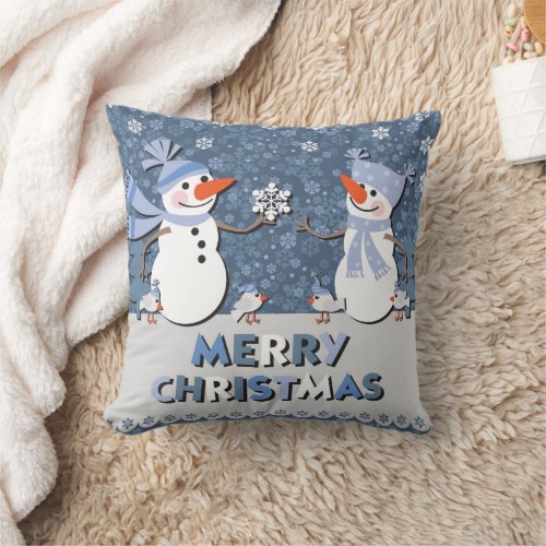 Cute Snowman Friends Throw Pillow