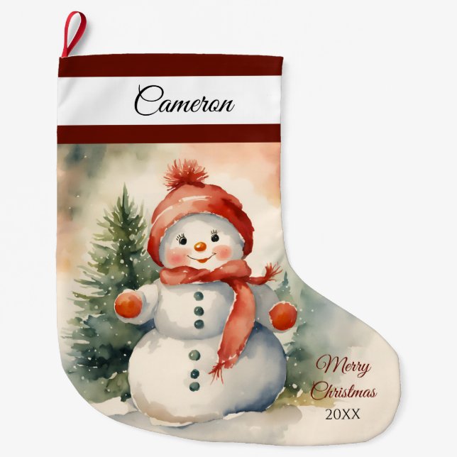 Cute Snowman Girl Personalized  Large Christmas Stocking (Front)