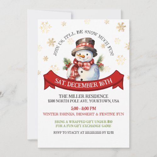 Cute Snowman Gold Snowflakes Christmas Party  Invitation