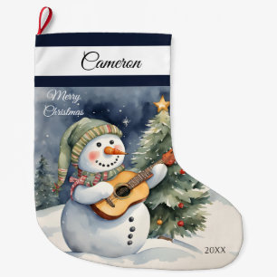 Cute Snowman Guitar Large Christmas Stocking