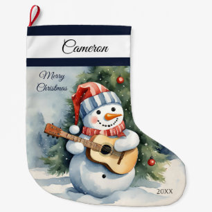 Cute Snowman Guitar Personalized  Large Christmas Stocking