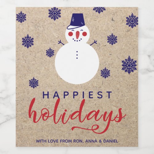 Cute SNowman Happiest Holidays Blue and Red Wine Label