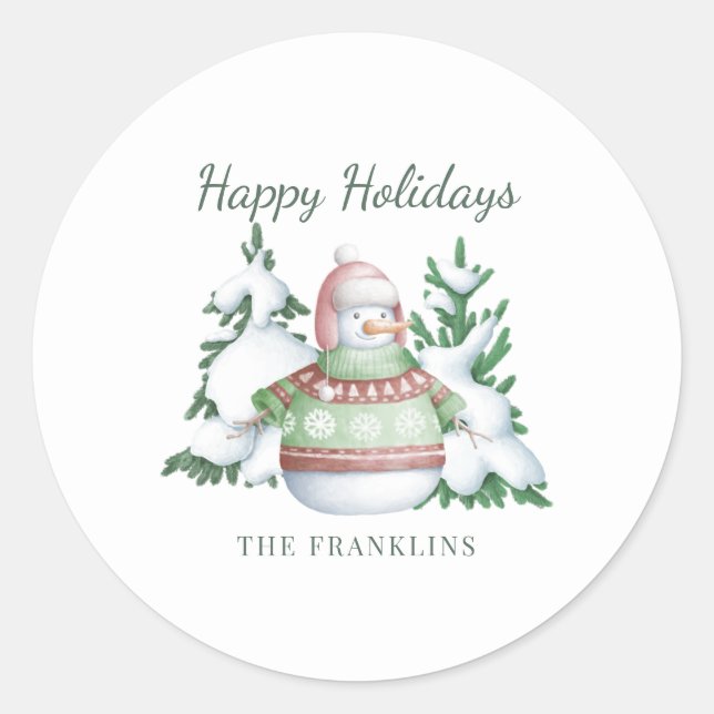 Cute Snowman Happy Holidays Family Name  Classic Round Sticker (Front)