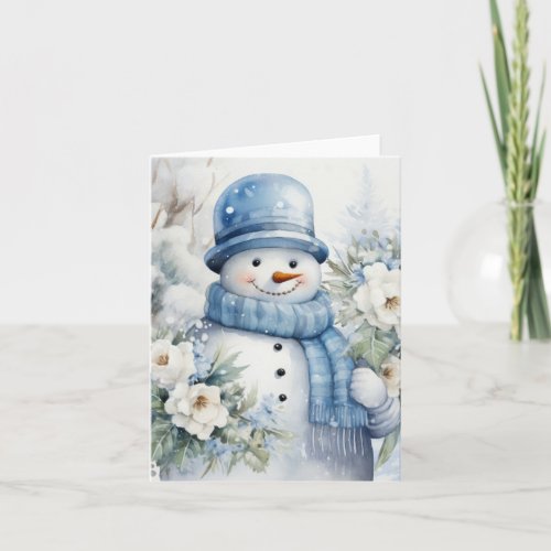 Cute Snowman Hat  Scarf Snow Covered Trees Blank Card