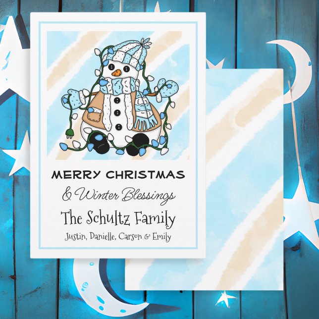 Cute Snowman Holding Christmas Lights Personalized Card (Creator Uploaded)