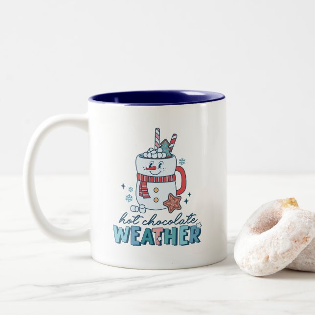 Cute Snowman Hot Chocolate Weather Retro  Two-Tone Coffee Mug (With Donut)