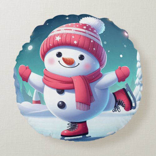 Cute snowman ice skating illustration round pillow