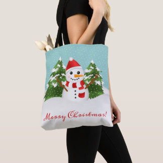 Cute Snowman Illustration And Merry Christmas Text Tote Bag