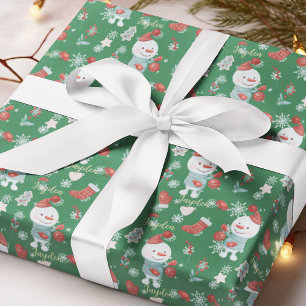 Cute Snowman Illustration Green Custom Kids Name Wrapping Paper
