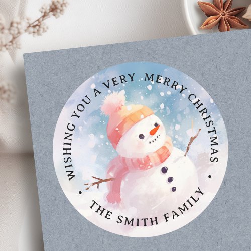 Cute snowman illustration painting family name classic round sticker