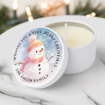 Cute snowman illustration painting family name mini candle favors<br><div class="desc">Soy candles featuring an illustration of a cute snowman wearing a hat,  and a custom holiday greeting and your name. Default text "Wishing you a very merry Christmas".</div>