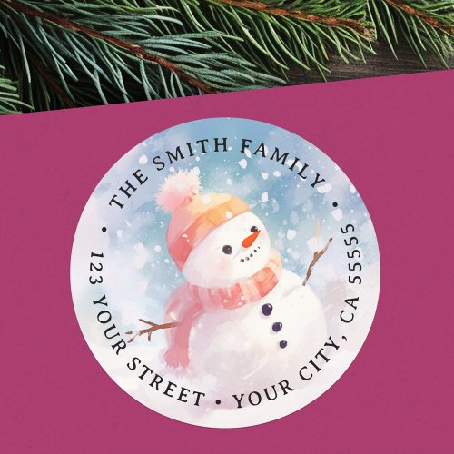 Cute snowman illustration painting return address classic round sticker