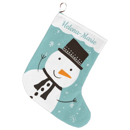 Cute snowman illustration snow blue name Christmas Large Christmas Stocking