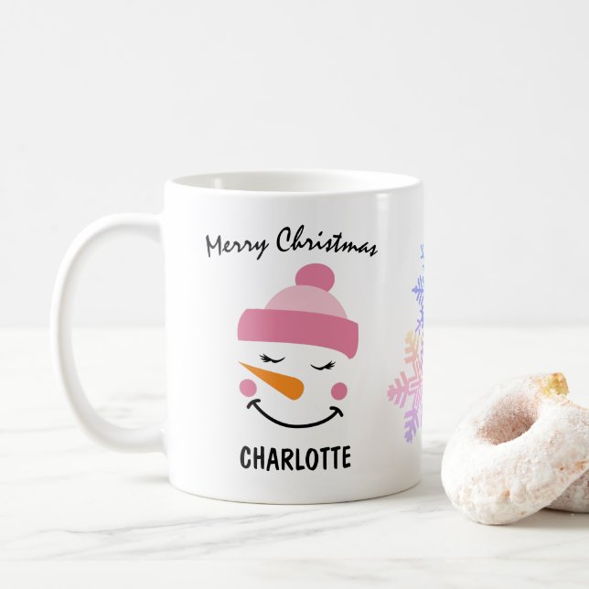Cute Snowman In A Skiing Hat. Merry Christmas Coffee Mug (With Donut)