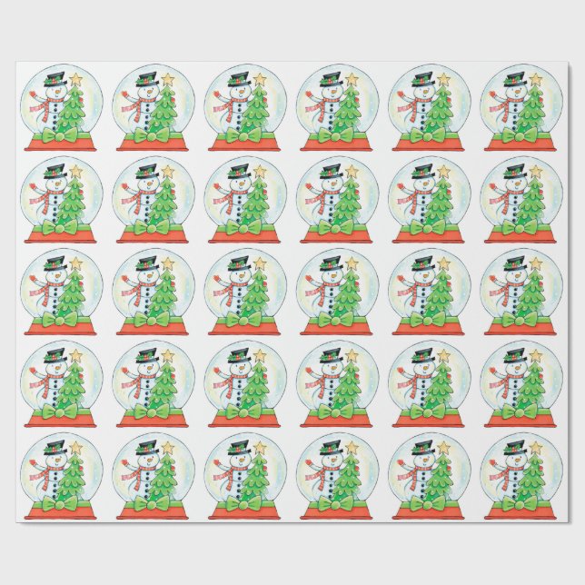 Cute Snowman in a Snow Globe with Christmas Tree Wrapping Paper (Flat)