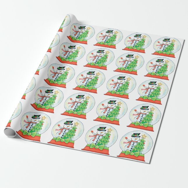 Cute Snowman in a Snow Globe with Christmas Tree Wrapping Paper (Unrolled)