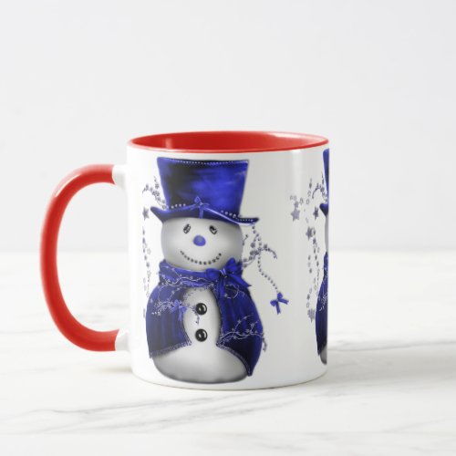 Cute Snowman in Blue Velvet Christmas Mug