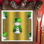 Cute Snowman in Green on Gold Christmas Napkins<br><div class="desc">This cute Christmas paper napkin has an adorable snowman pattern featuring the snowmen all dressed in matching green velvet top hats and vests. They are surrounded by green stars and gold star trails, with a gold metallic background behind them. These cute Christmas characters will be sure to add a very...</div>