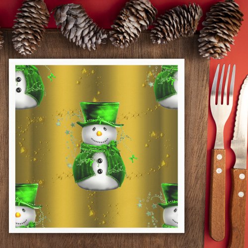 Cute Snowman in Green on Gold Christmas Napkins