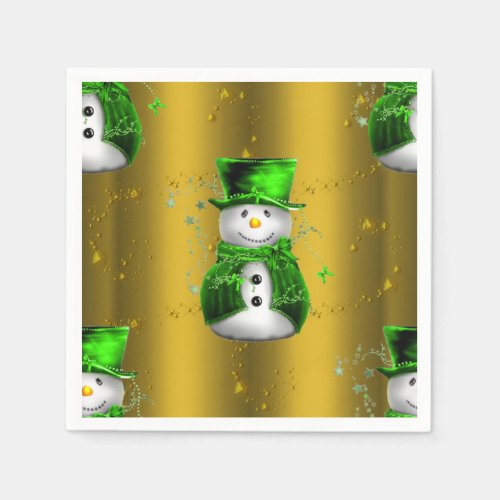 Cute Snowman in Green on Gold Christmas