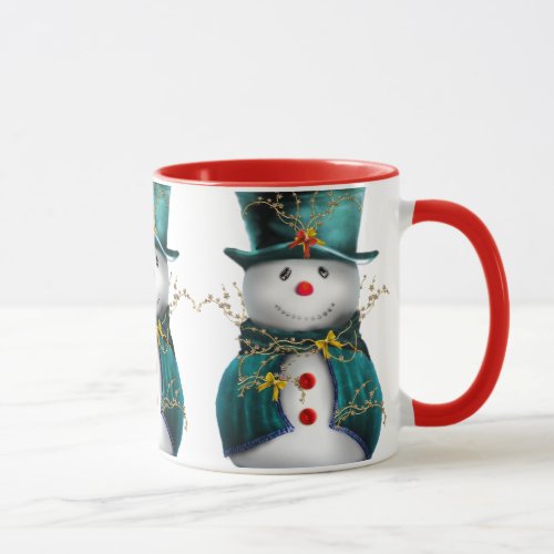 Cute Snowman in Green Velvet Christmas Mug