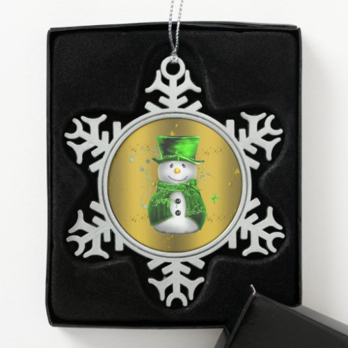 Cute Snowman in Green Velvet Snowflake Pewter Christmas Ornament