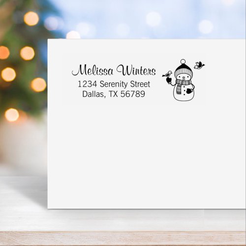 Cute Snowman in Knitted Hat and Scarf Address Self_inking Stamp