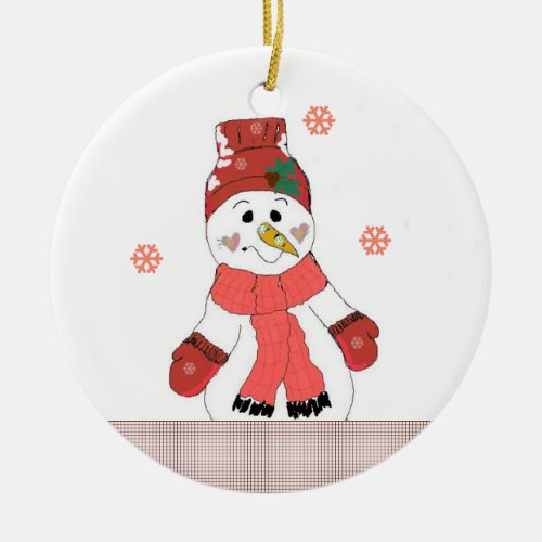 Cute Snowman in Red Ceramic Ornament