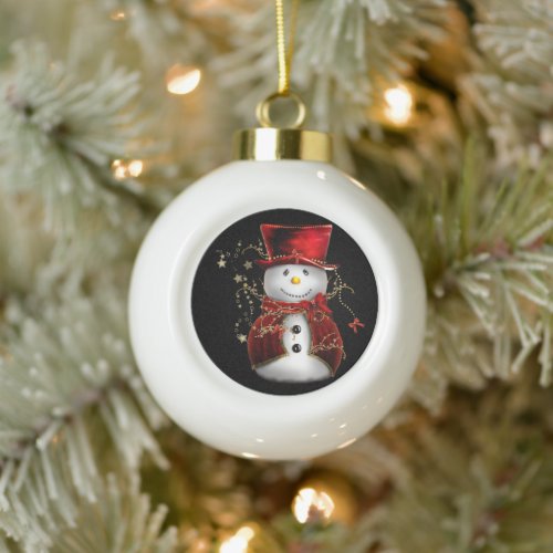 Cute Snowman in Red Velvet Christmas Ceramic Ball Christmas Ornament