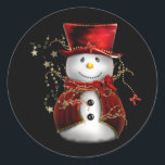 Cute Snowman in Red Velvet Christmas Classic Round Sticker<br><div class="desc">A cute Christmas sticker with a snowman in a red velvet hat and jacket,  with gold stars around him,  to add a touch of cuteness and holiday cheer to your gifts and holiday decorating this Christmas season.</div>