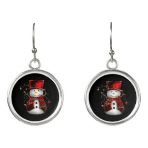 Cute Snowman in Red Velvet Christmas Earrings