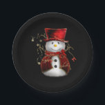 Cute Snowman in Red Velvet Christmas Paper Plates<br><div class="desc">A cute Christmas image of a snowman in a red velvet hat and jacket,  with gold stars around him,  to add a touch of cuteness and festive cheer to your holiday entertaining this Christmas season.</div>