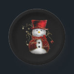 Cute Snowman in Red Velvet Christmas Paper Plates<br><div class="desc">A cute Christmas image of a snowman in a red velvet hat and jacket,  with gold stars around him,  to add a touch of cuteness and festive cheer to your holiday entertaining this Christmas season.</div>