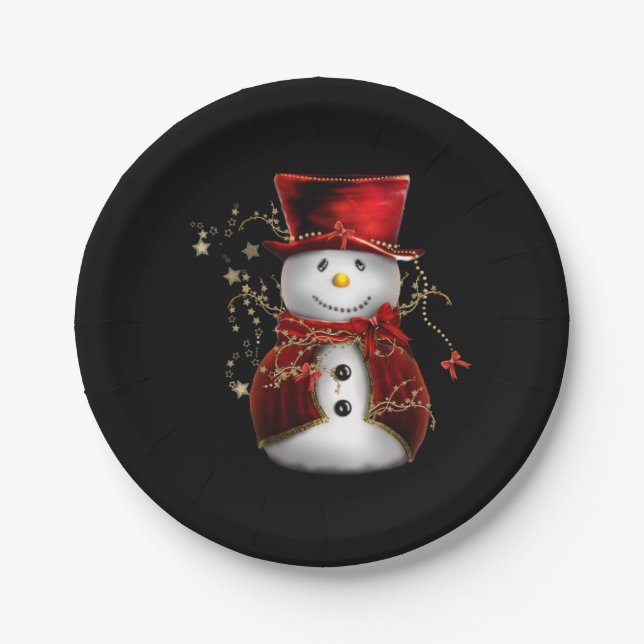 Cute Snowman in Red Velvet Christmas Paper Plates (Front)