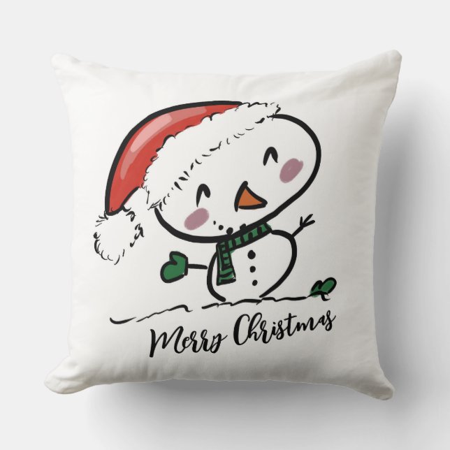 Cute Snowman in Santas Hat Throw Pillow (Front)