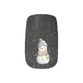 Cute Snowman in Snow Black Background Minx Nail Art (Left Thumb)