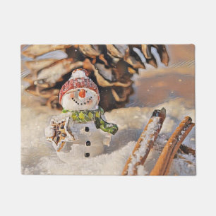 Cute snowman in snow watercolor painting doormat
