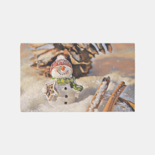 Cute snowman in snow watercolor painting outdoor rug
