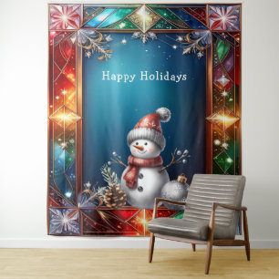 Cute Snowman in Stained Glass Frame Backdrop