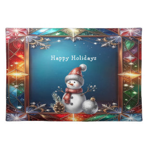 Cute Snowman in Stained Glass Frame Cloth Placemat