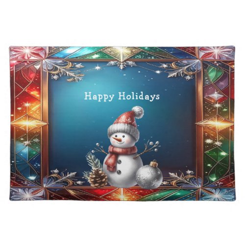 Cute Snowman in Stained Glass Frame Cloth Placemat