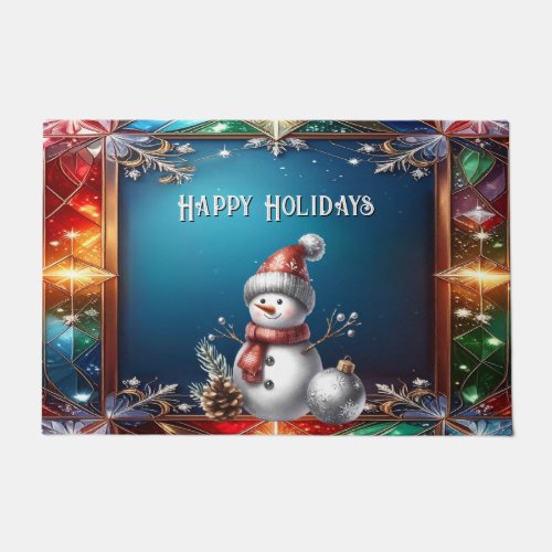 Cute Snowman in Stained Glass Frame Doormat