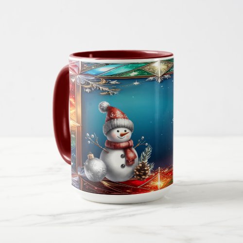 Cute Snowman in Stained Glass Frame Holiday Mug