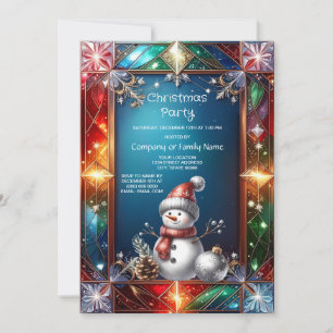 Cute Snowman in Stained Glass Frame Holiday Party Invitation