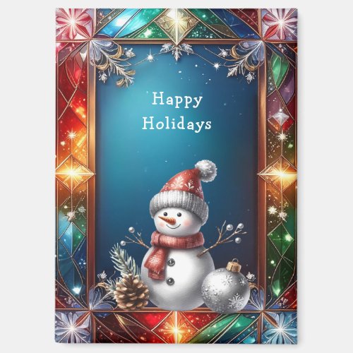 Cute Snowman in Stained Glass Frame Magnet