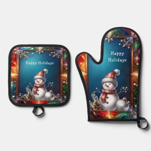 Cute Snowman in Stained Glass Frame Oven Mitt & Pot Holder Set