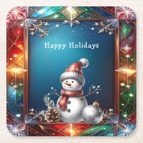 Cute Snowman in Stained Glass Frame Paper Coaster