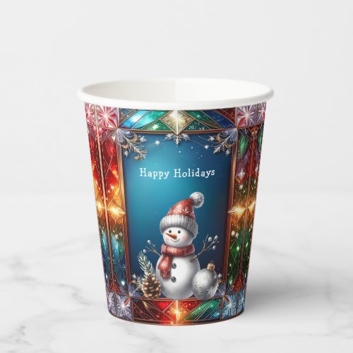 Cute Snowman in Stained Glass Frame Paper Cups