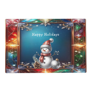 Cute Snowman in Stained Glass Frame Paper Placemat